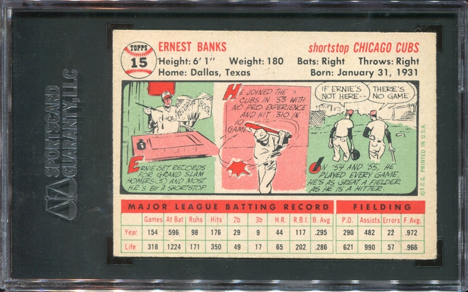 1956 Topps #15 Ernie Banks SGC60 EX5 (White Back)