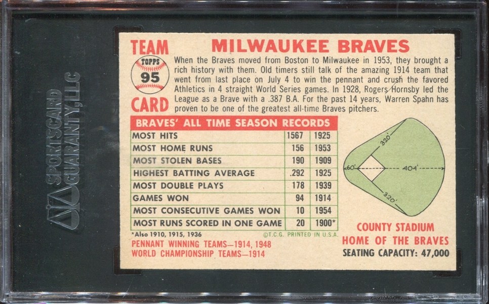 1956 Topps #95 Milwaukee Braves SGC86 NM+7.5 (Name Left / White Back)