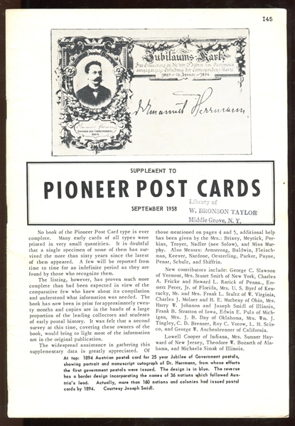 Pioneer Postcards Book by Jefferson Burdick and 1958 Supplement Update 