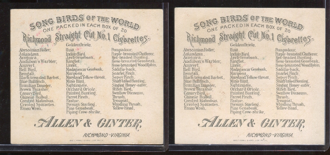 N42 Allen & Ginter Song Birds of the World Lot of (2) Cards