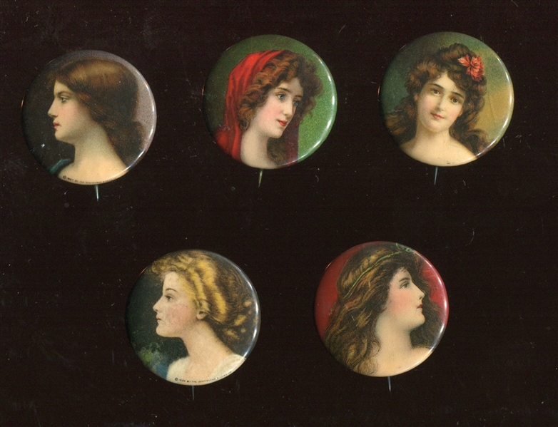 P23 Large Format Girl's Heads Tobacco Pinbacks With Mixed Back Papers