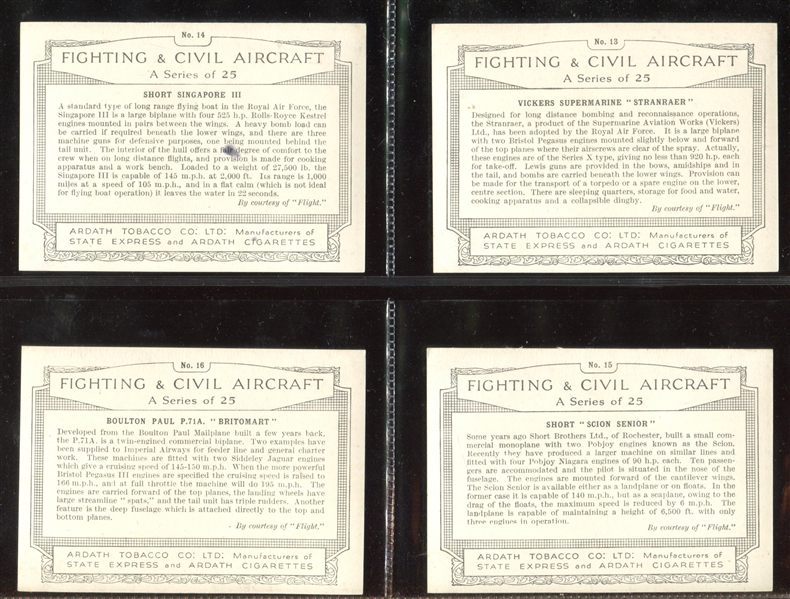 1936 Ardath Fighting Civil Aircraft Complete Set of (25) Cards