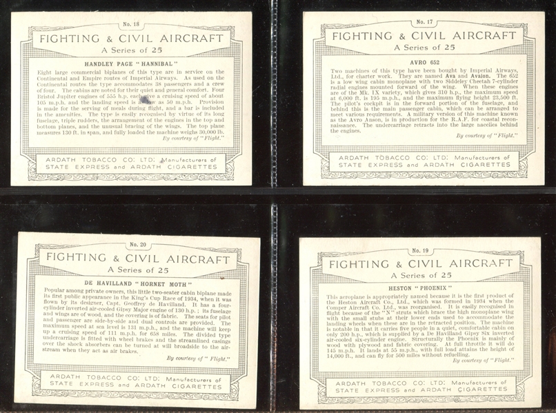 1936 Ardath Fighting Civil Aircraft Complete Set of (25) Cards