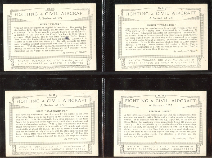 1936 Ardath Fighting Civil Aircraft Complete Set of (25) Cards