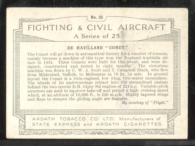 1936 Ardath Fighting Civil Aircraft Complete Set of (25) Cards