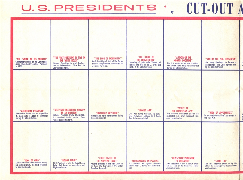 F110 Sealright Milk U.S. Presidents Cut-Out and Mounting Kit COMPLETE W/Original Mailer