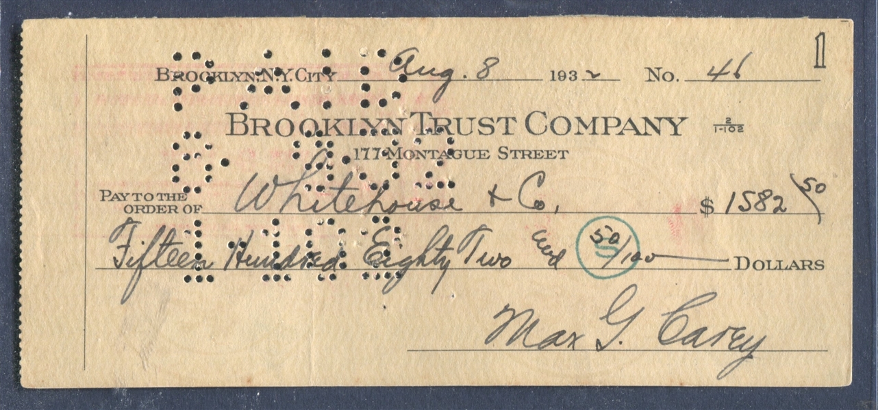 1946 Max Carey Personal Check Autographed