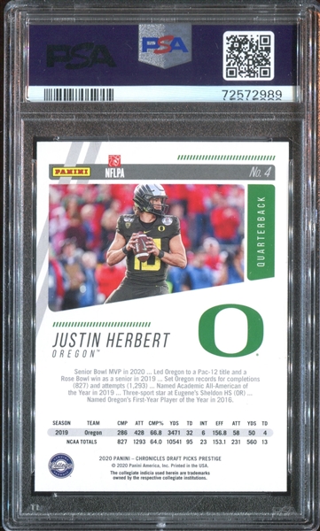 2020 Panini Chronicles DP Prestige #4 Justin Herbert PSA10 Gem Mt