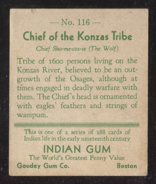 R73 Goudey Indians #116 Chief of the Konzas Tribe Series of 288 Card