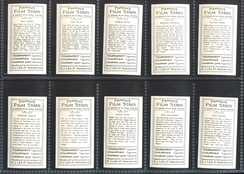 1939 R. J. Lea Famous Film Stars Complete Set of (54) Cards With Gable, Stewart and More