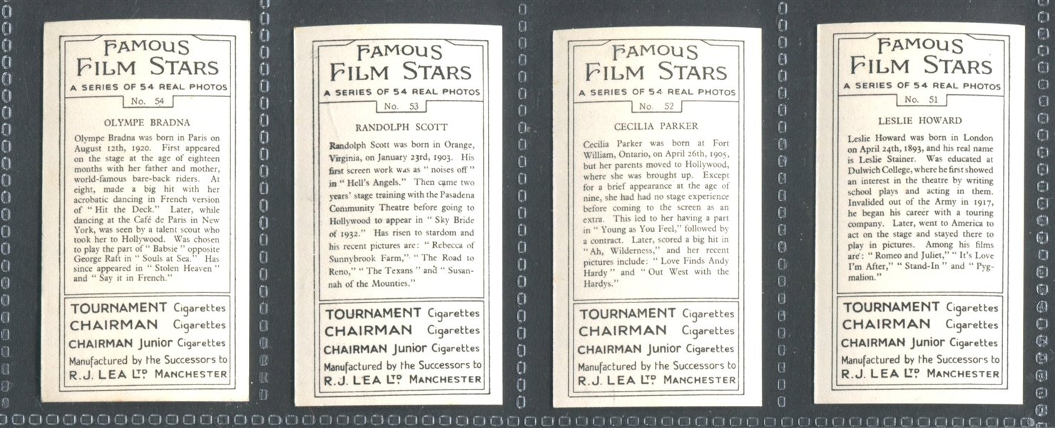 1939 R. J. Lea Famous Film Stars Complete Set of (54) Cards With Gable, Stewart and More