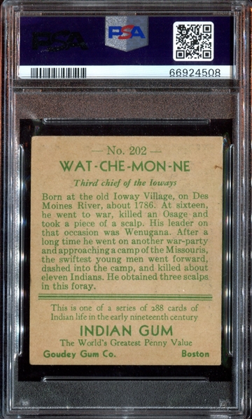 R73 Goudey Gum Indian Gum #202 Wat-Che-Mon-Ne PSA4 VG-EX