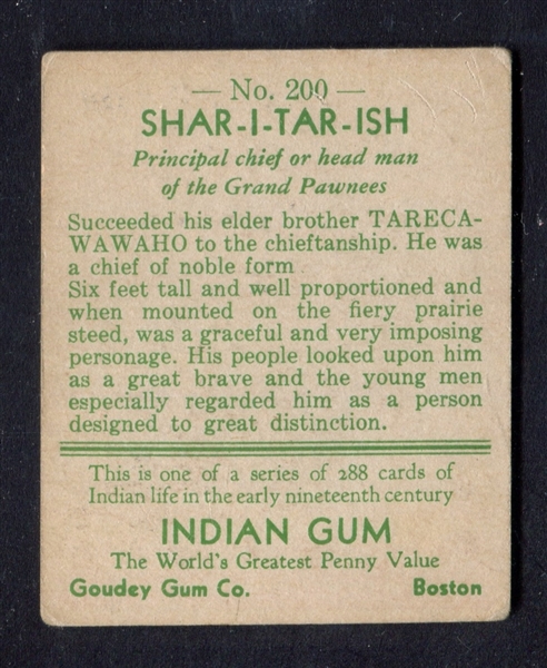 R73 Goudey Gum Indian Gum Series of 288 #200 Shar-I-Tar-Ish