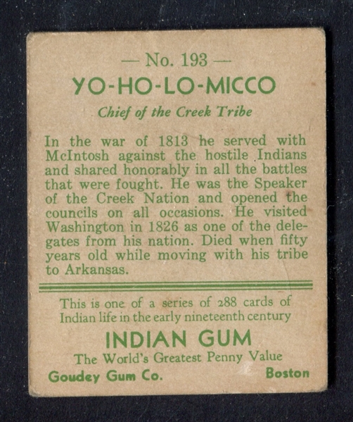 R73 Goudey Gum Indian Gum Series of 288 #193 Yo-Ho-Lo-Micco