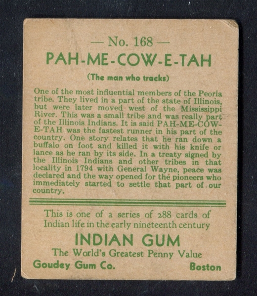 R73 Goudey Gum Indian Gum Series of 288 #168 Pah-Me-Cow-E-Tah