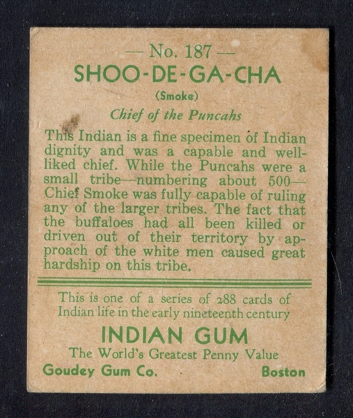 R73 Goudey Gum Indian Gum Series of 288 #187 Shoo-De-Ga-Cha 