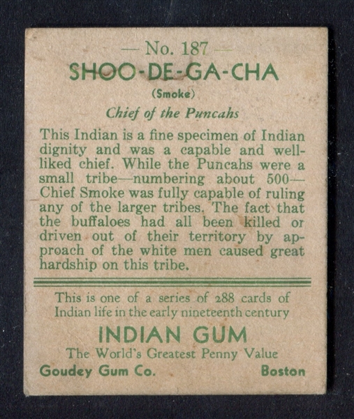 R73 Goudey Gum Indian Gum Series of 288 #187 Shoo-De-Ga-Cha 