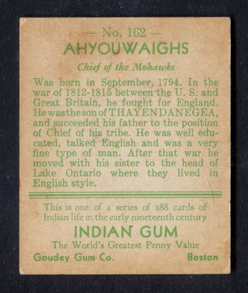 R73 Goudey Gum Indian Gum Series of 288 #162 Ahyouwaighs