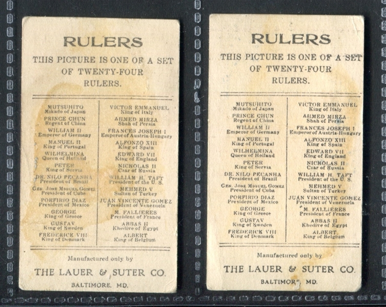 E6 Lauer & Suter Rulers Lot of (2) Cards With President Taft