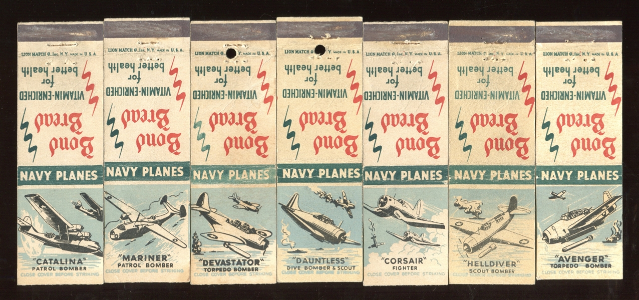 D-UNC Bond Bread Airplanes Matchbook Covers Lot of (7) Different