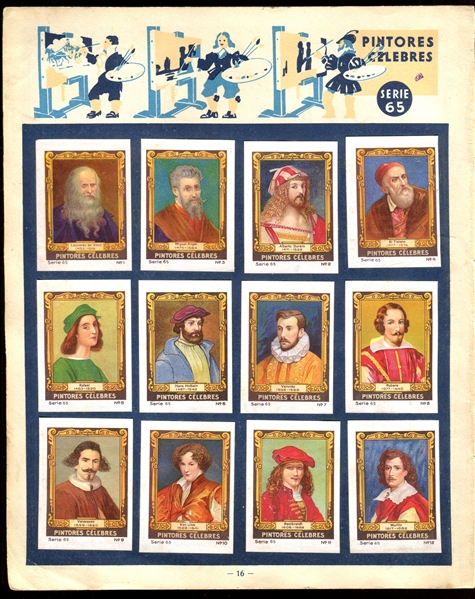 1932 Nestle Pintores Celebres (Painting Celebrities) Album Page with (12) Cards and keys Michaelangelo and Da Vinci