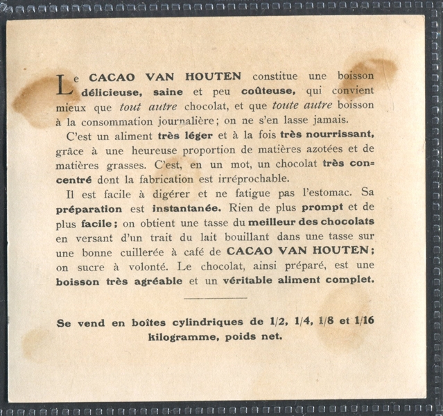 1910's Van Houten Cocoa French Back Lot of (3) Trade Cards