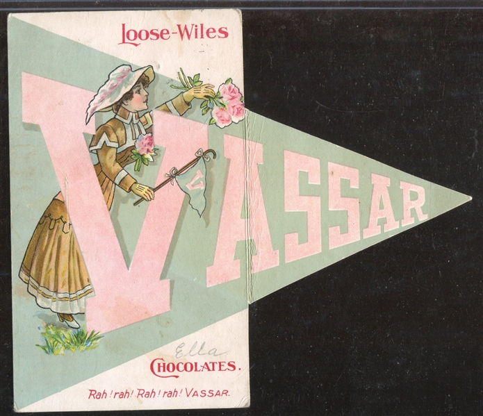 Vintage Loose-Wiles Chocolates Vassar Die Cut Pennant Postcard