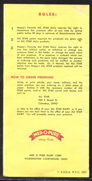 1957 Med-O-Pure Dairy Foods Brochure with Mickey Mantle and Hopalong Cassidy