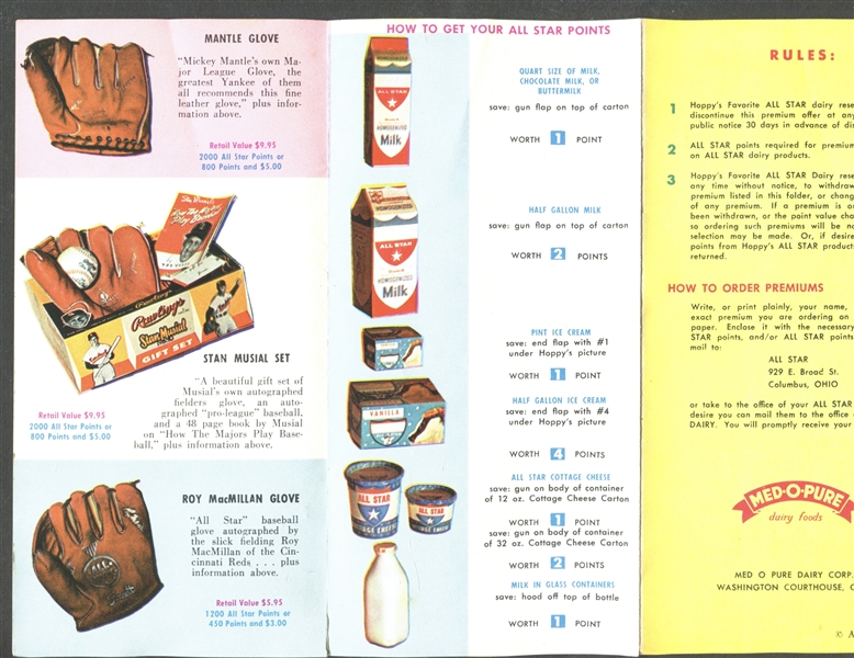 1957 Med-O-Pure Dairy Foods Brochure with Mickey Mantle and Hopalong Cassidy