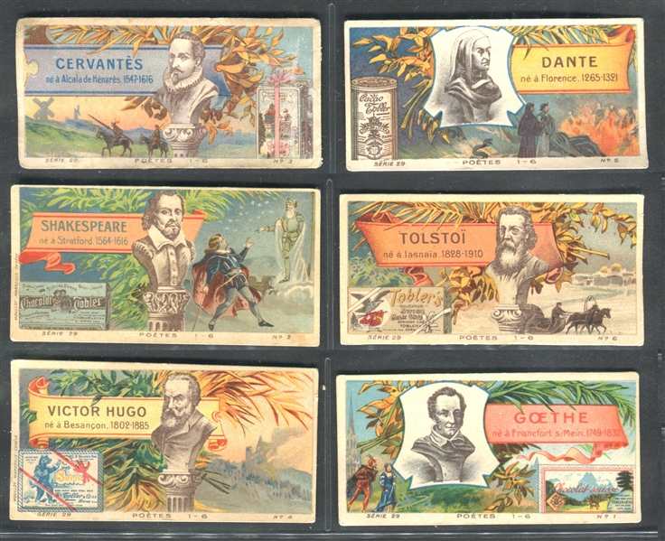 1910's Chocolate Tobler Famous Writes Complete Set of (6) Cards with Shakespeare