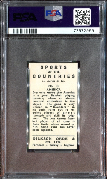 1962 Dickison Orde & Co Sports of the Countries #11 America (Baseball - Babe Ruth) PSA7 NM