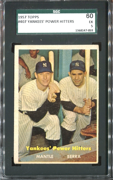 1957 Topps #407 Yankees' Power Hitters (Mantle/Berra) SGC60 EX 5