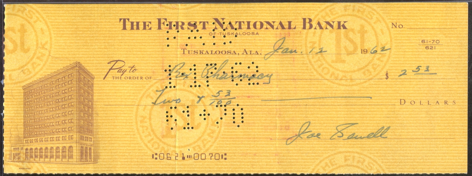 1962 Joe Sewell Personal Bank Check Autographed