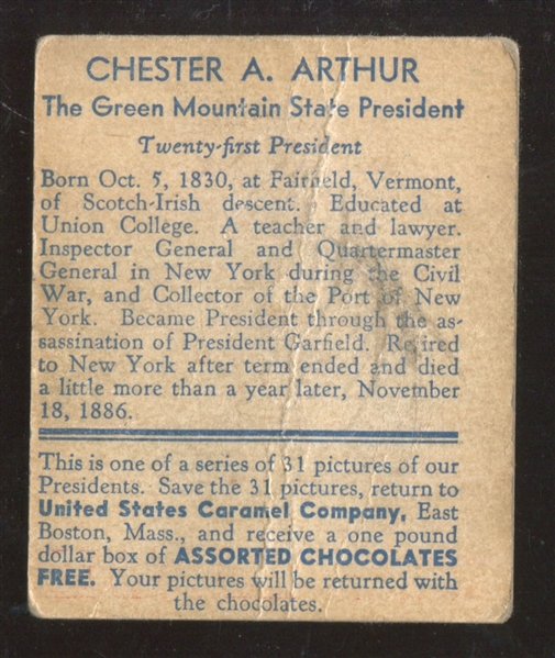 R114 U.S. Caramel Presidents - Chester Arthur