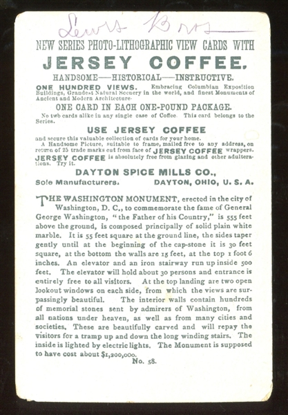 K90? Dayton Spice Mills Jersey Coffee #58 Washington Monument Type Card