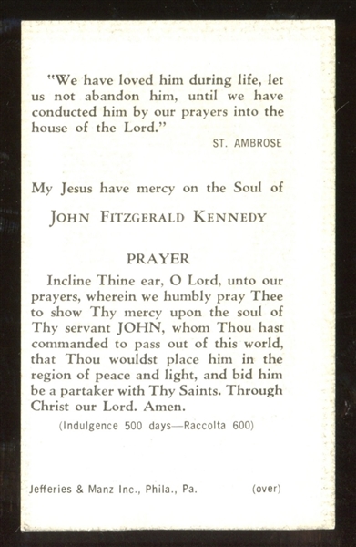 John F. Kennedy Prayer Card from 1960's