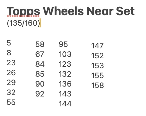 1954 Topps Wheels Near Complete (135/160) Set of (1-160) Cards