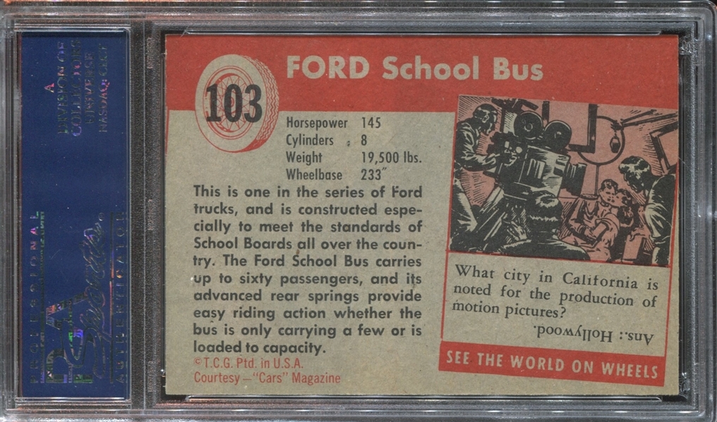 1954 Topps World on Wheels #103 Ford School Bus PSA8 NM-MT