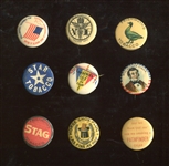 Mixed lot of (9) Cigarette/Cigar/Tobacco Advertising Pinbacks