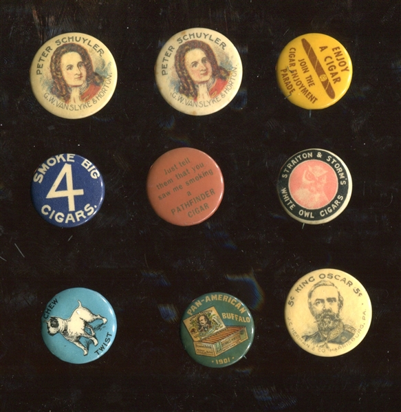 Mixed Lot of (9) Cigarette/Cigar/Tobacco Advertising Pinbacks