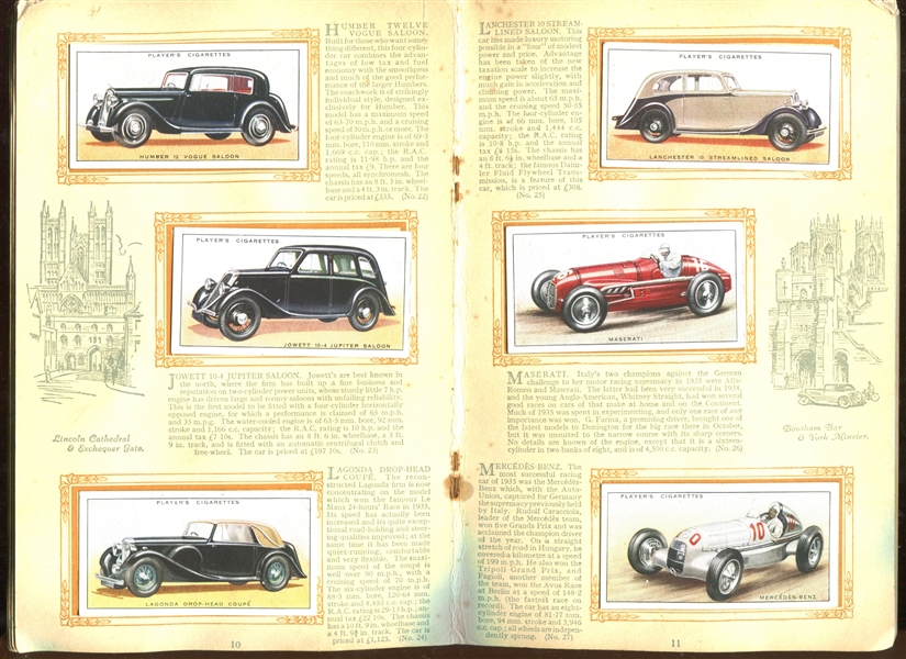 1936 John Player (UK) An Album of Motor Cars Complete set of (50) Cards in Album