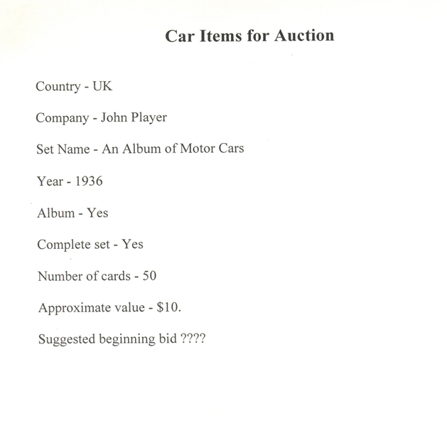 1936 John Player (UK) An Album of Motor Cars Complete set of (50) Cards in Album