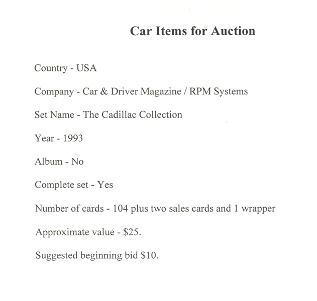 1993 Car & Driver Magazine (USA) The Cadillac Collection Complete Set of (104) Cards Plus Extras