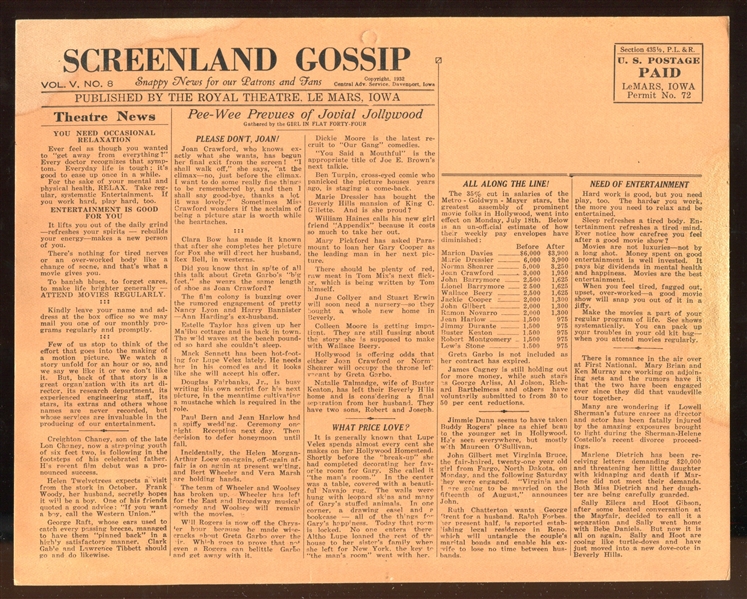 1932 Screenland Gossip Ad/Schedule Promo Card with Greta Garbo