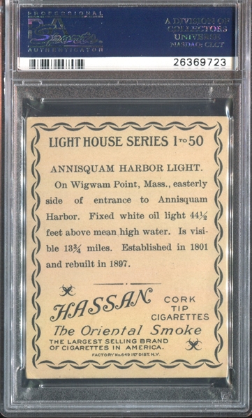 T77 Hassan Cigarettes Lighthouses Annisquam Harbor Light PSA4 VGEX