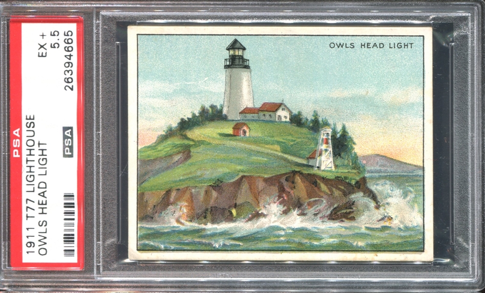 T77 Hassan Cigarettes Lighthouses Owl's Head Light PSA5.5 EX+