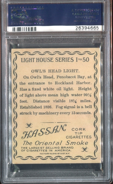 T77 Hassan Cigarettes Lighthouses Owl's Head Light PSA5.5 EX+