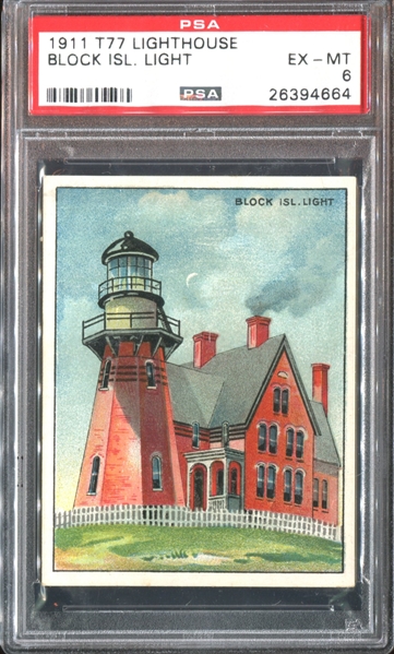 T77 Hassan Cigarettes Lighthouses Block Island Light PSA6 EXMT