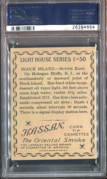 T77 Hassan Cigarettes Lighthouses Block Island Light PSA6 EXMT