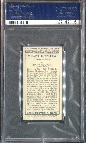 1938 John Player & Son Film Stars #8 Gary Cooper PSA7 NM